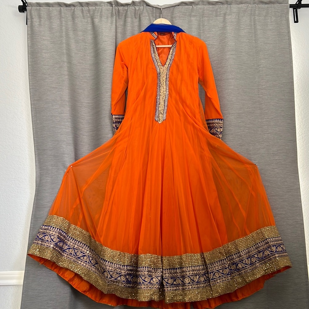 Bright orange and blue anarkali gota work Bollywood dress